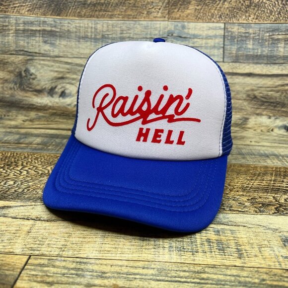 Raisin' Hell Unisex Trucker Hat Blue Snapback Country Western Era Cowgirl Cap - Picture 2 of 7